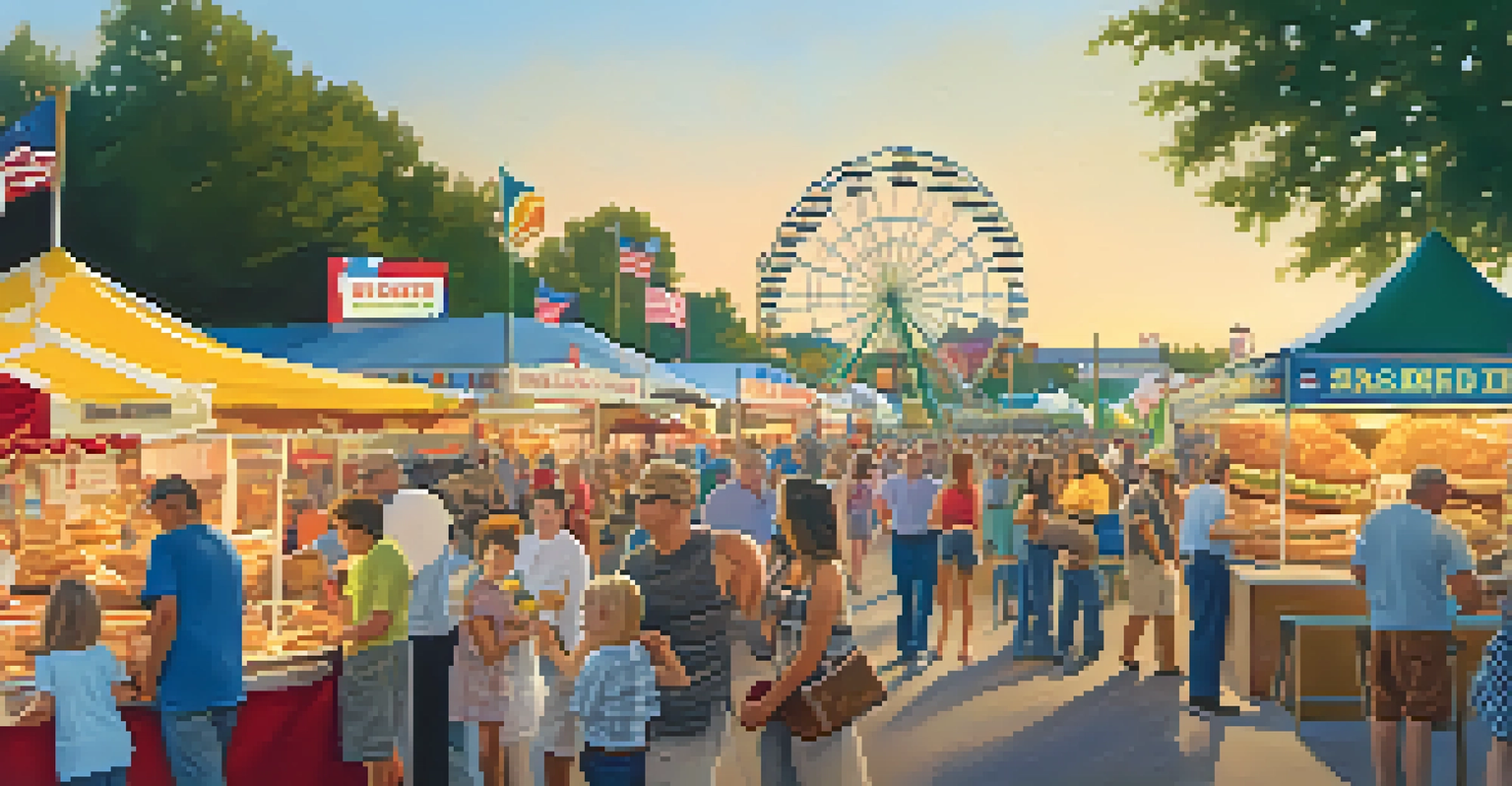 A busy scene at the Minnesota State Fair with people enjoying food and live music as the sun sets in the background.