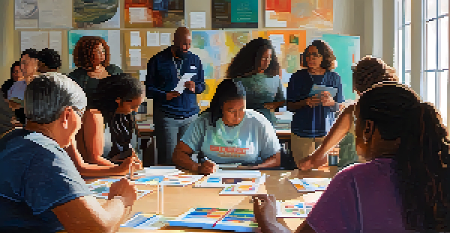 A close-up of a workshop setting, with individuals engaged in learning about social justice, educational materials on the table, and a speaker in the background, illuminated by soft natural light.