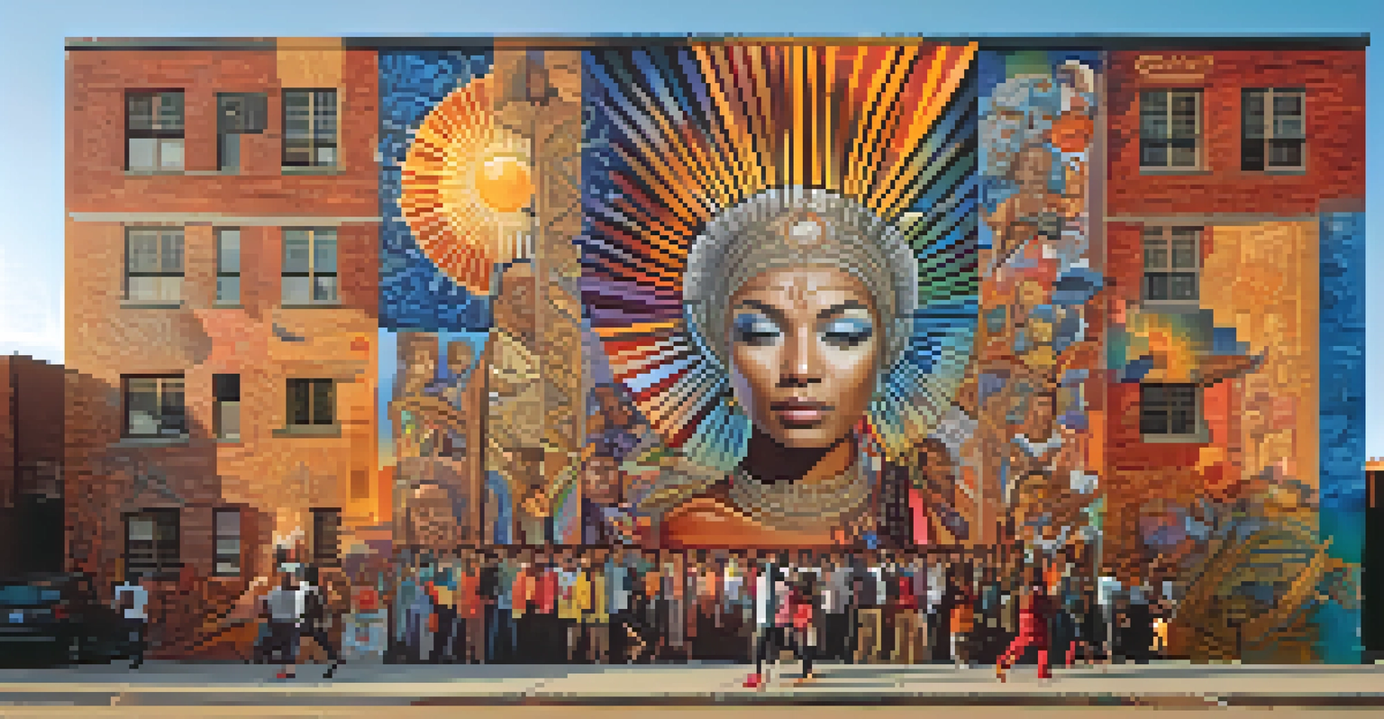 A colorful mural titled 'We Are the People' on a building, depicting diverse faces and symbols, illuminated by the warm light of a setting sun.