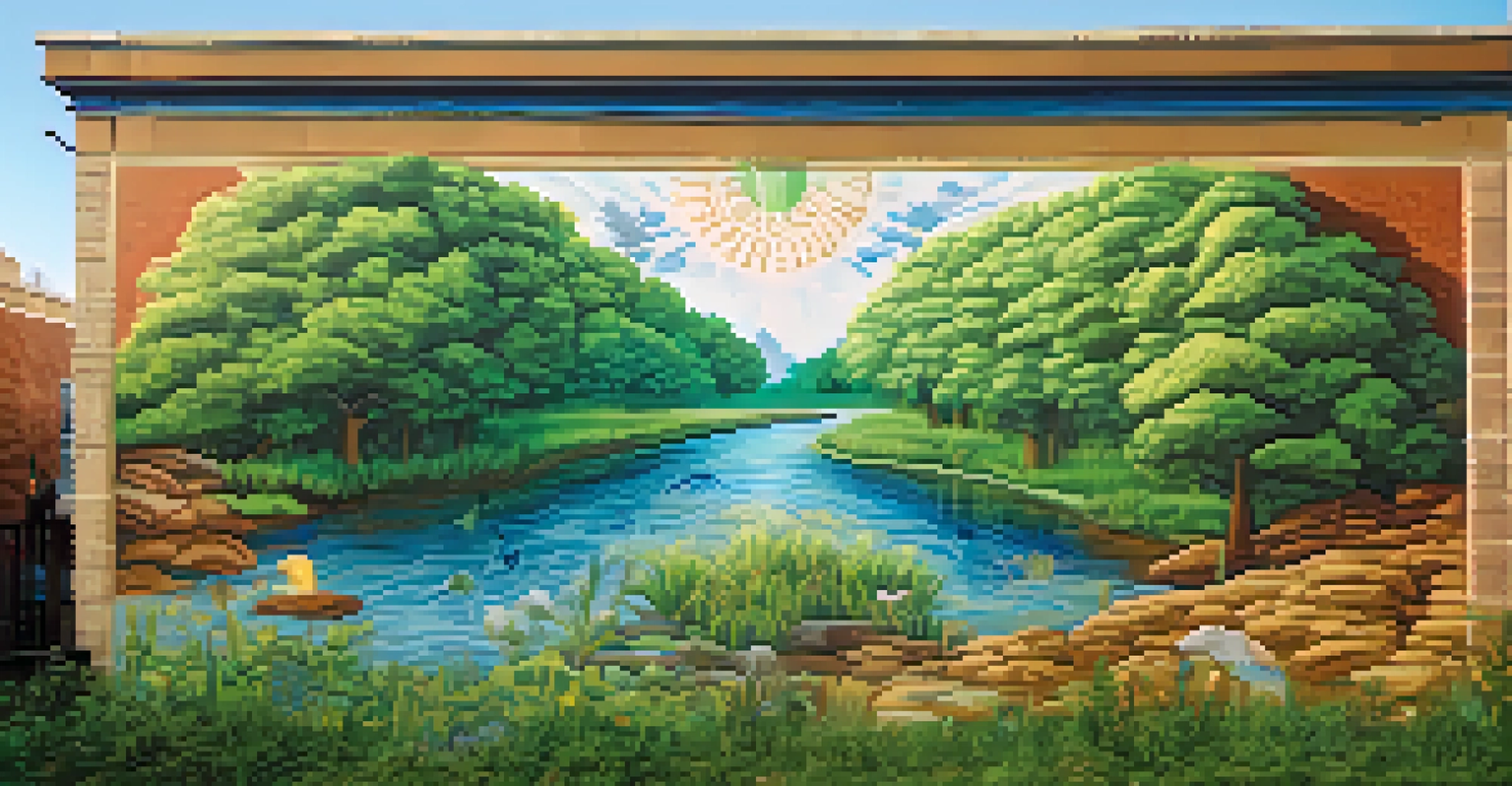 A close-up of a detailed mural focusing on environmental themes, with vibrant colors depicting nature and wildlife, illuminated by soft sunlight.