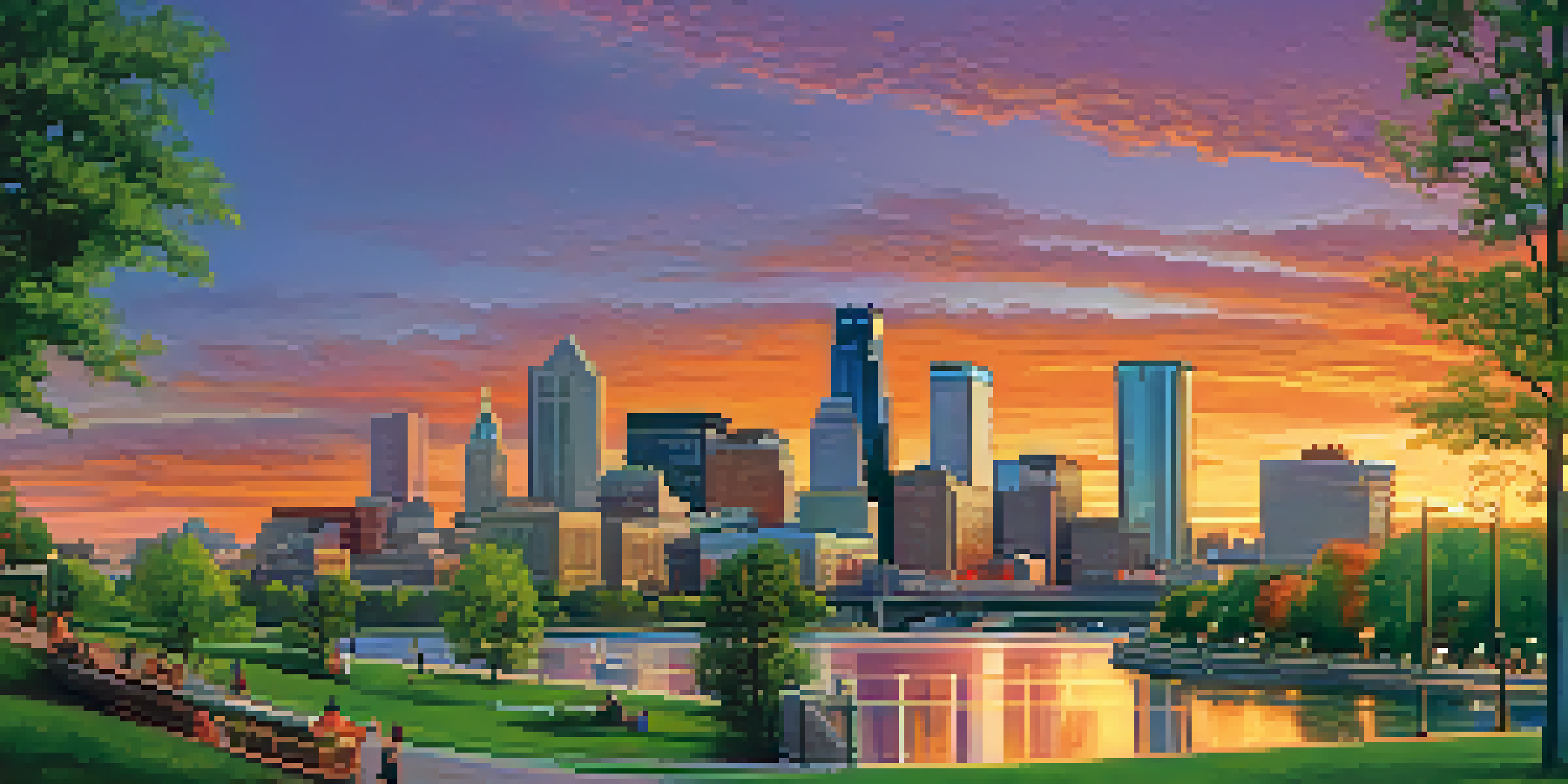 A sunset view of downtown Minneapolis with colorful skies and a bustling park in the foreground.