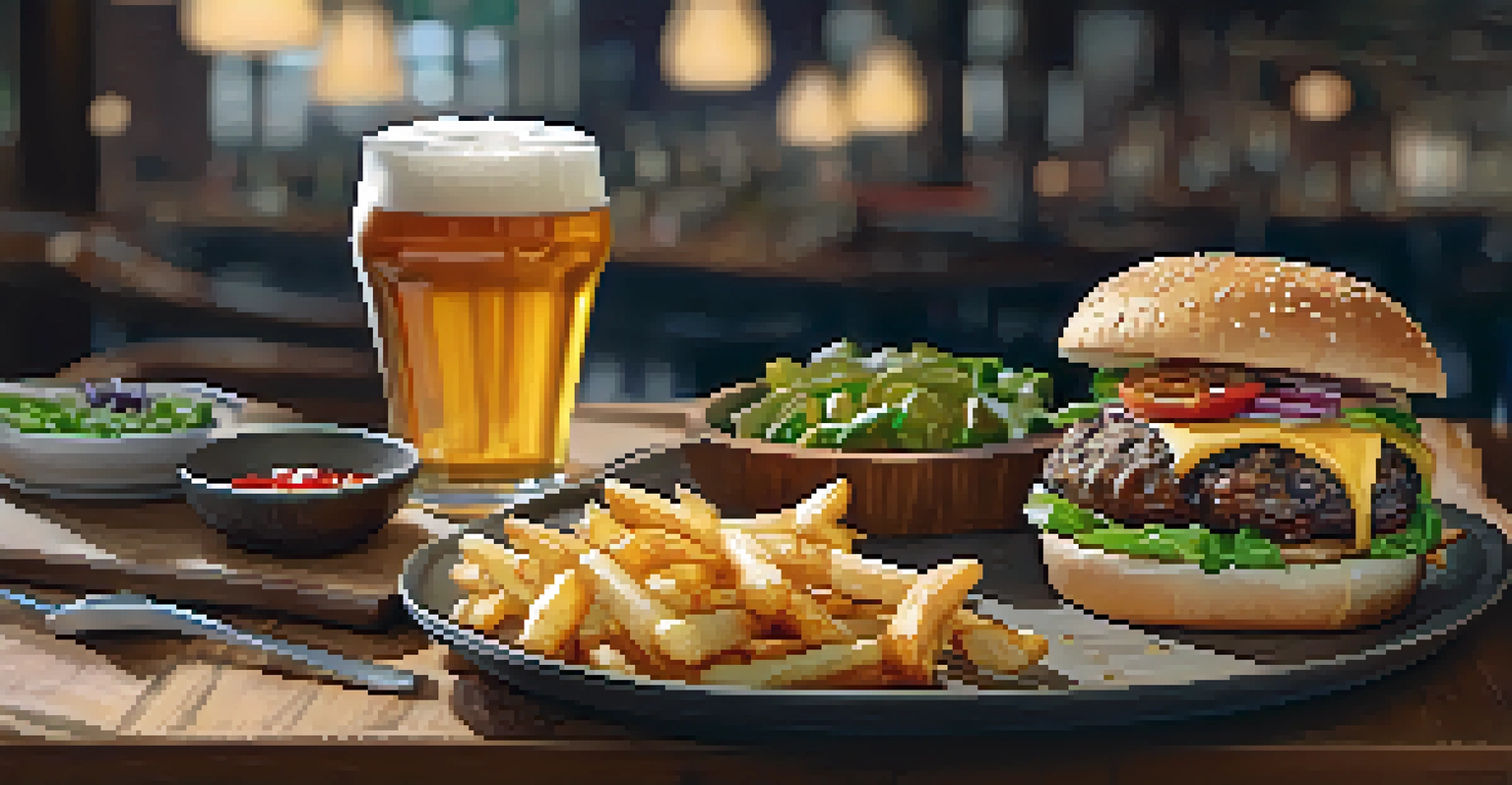 A gourmet burger with fries and a glass of golden lager on a wooden table, showcasing a food and beer pairing.