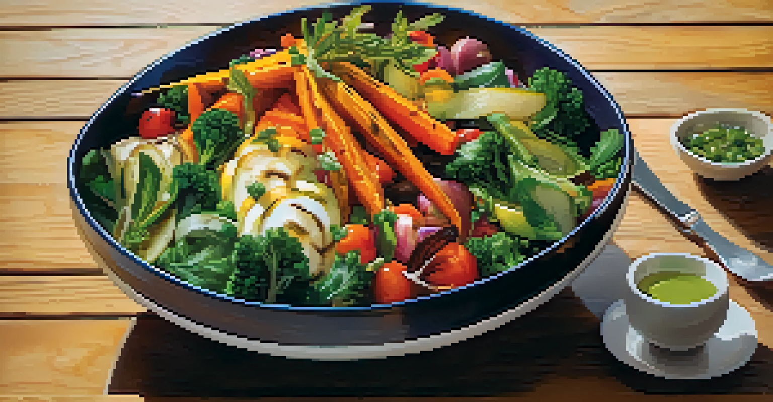 A colorful roasted vegetable bowl displayed on a rustic table, highlighting seasonal vegetables and a light dressing in natural light.