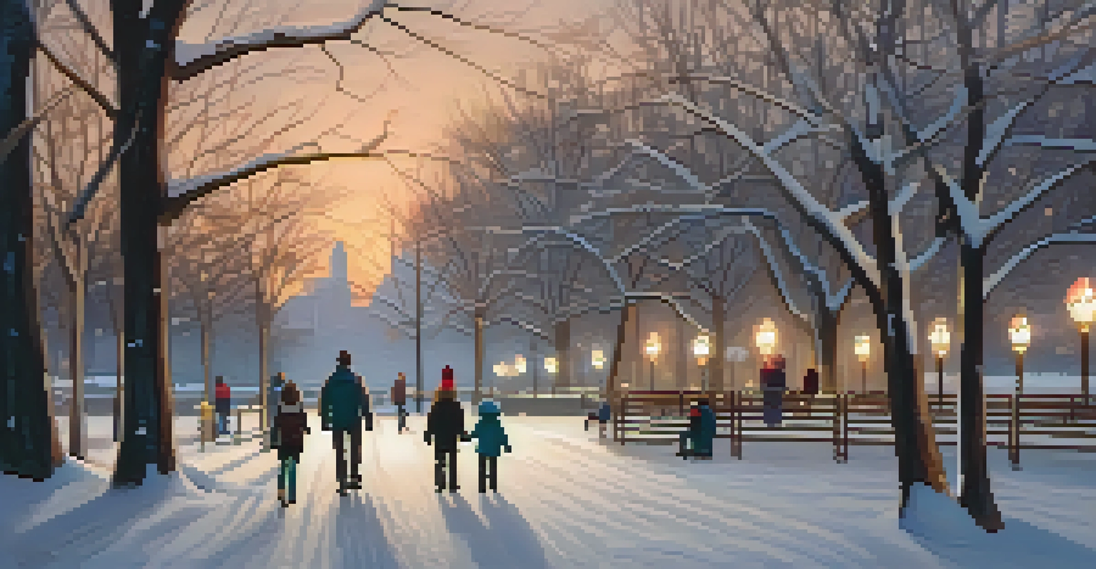 A winter walk in a park with candle-lit paths, families enjoying hot cocoa, and snow-covered trees in a serene atmosphere.