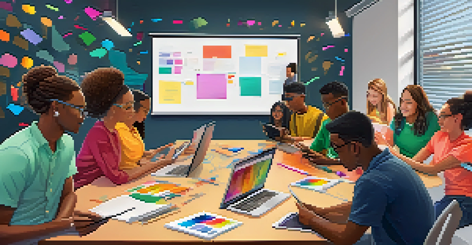 A group of students working together on mobile devices in a colorful and modern classroom.