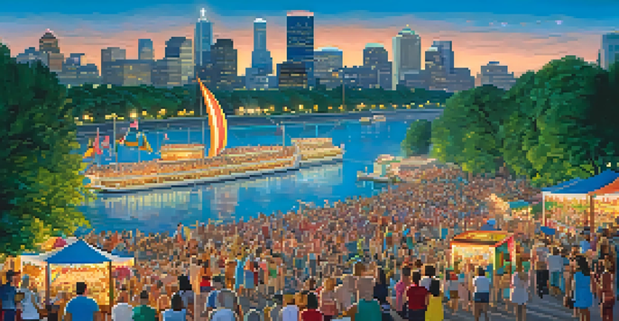 A lively summer festival scene with colorful floats and a diverse crowd celebrating the Minneapolis Aquatennial near the Mississippi River.