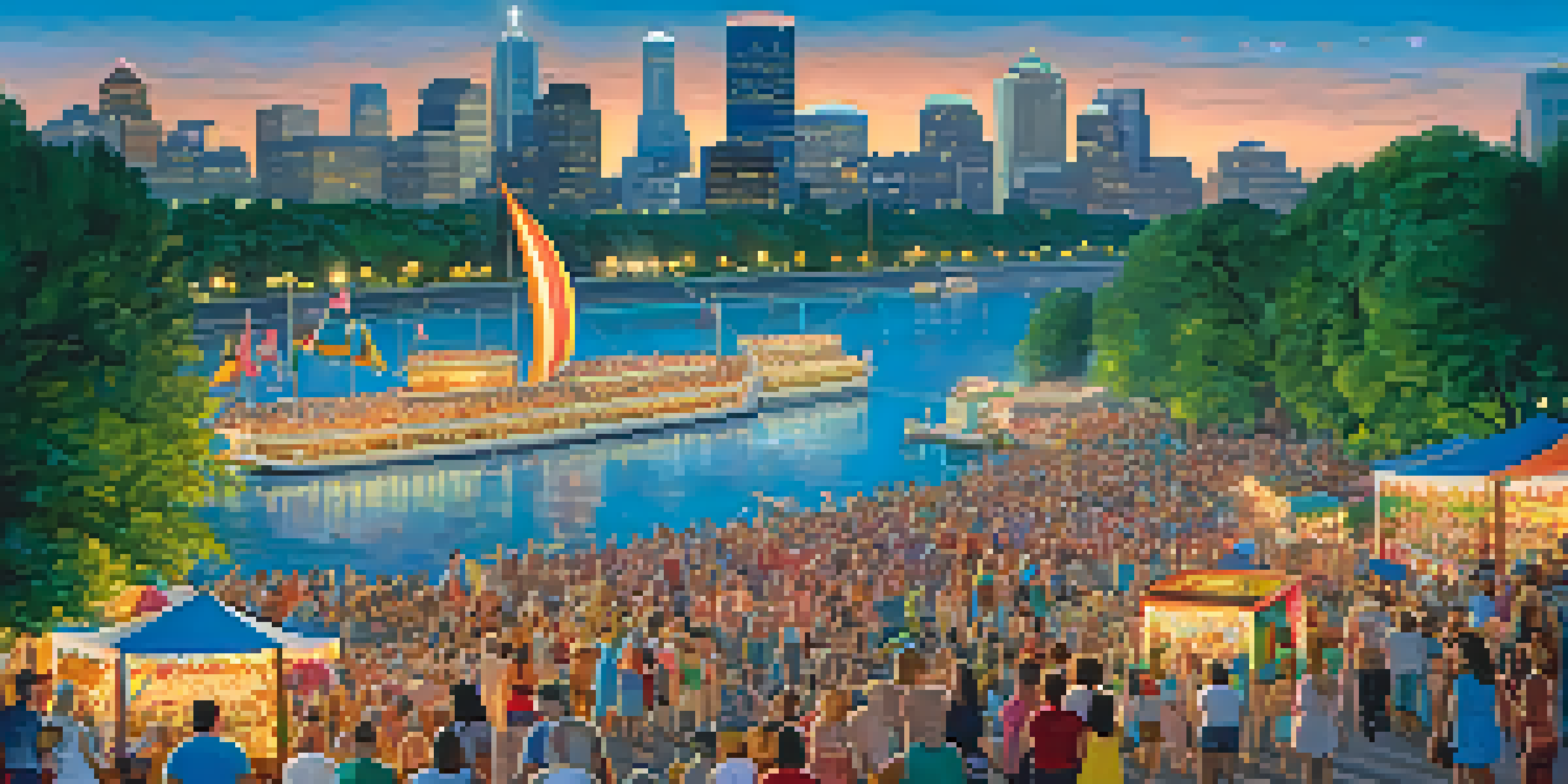 A lively summer festival scene with colorful floats and a diverse crowd celebrating the Minneapolis Aquatennial near the Mississippi River.