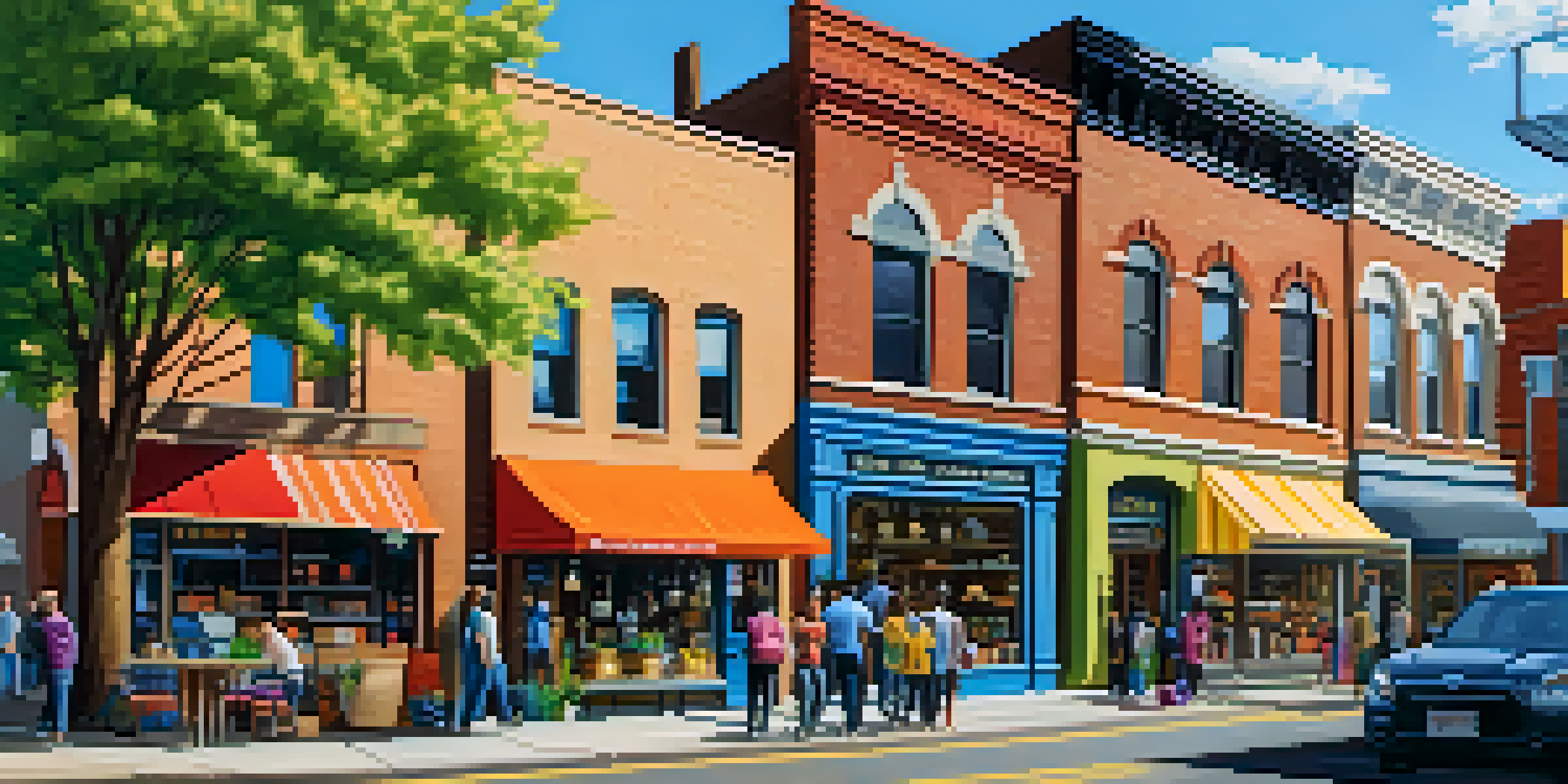 A lively Minneapolis street filled with diverse people shopping at small businesses with colorful storefronts under a clear blue sky.