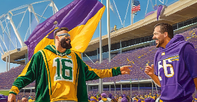 A Minnesota Vikings fan and a Green Bay Packers fan are playfully arguing outside a stadium, showcasing their team colors. The stadium is visible in the background.