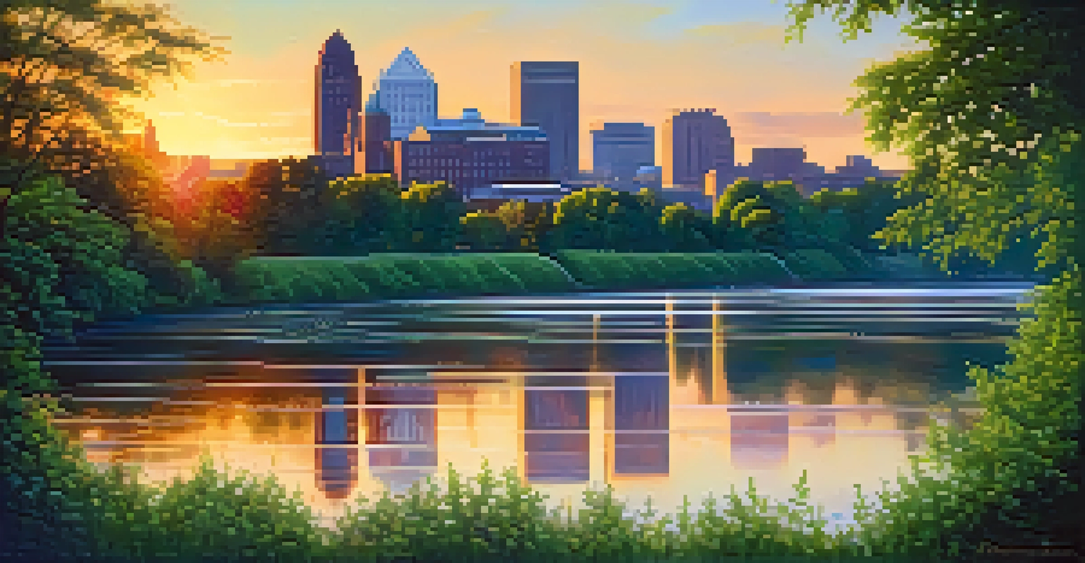 A scenic view of the Mississippi River and Minneapolis skyline, with a historic flour mill and green parks in the foreground at sunrise.