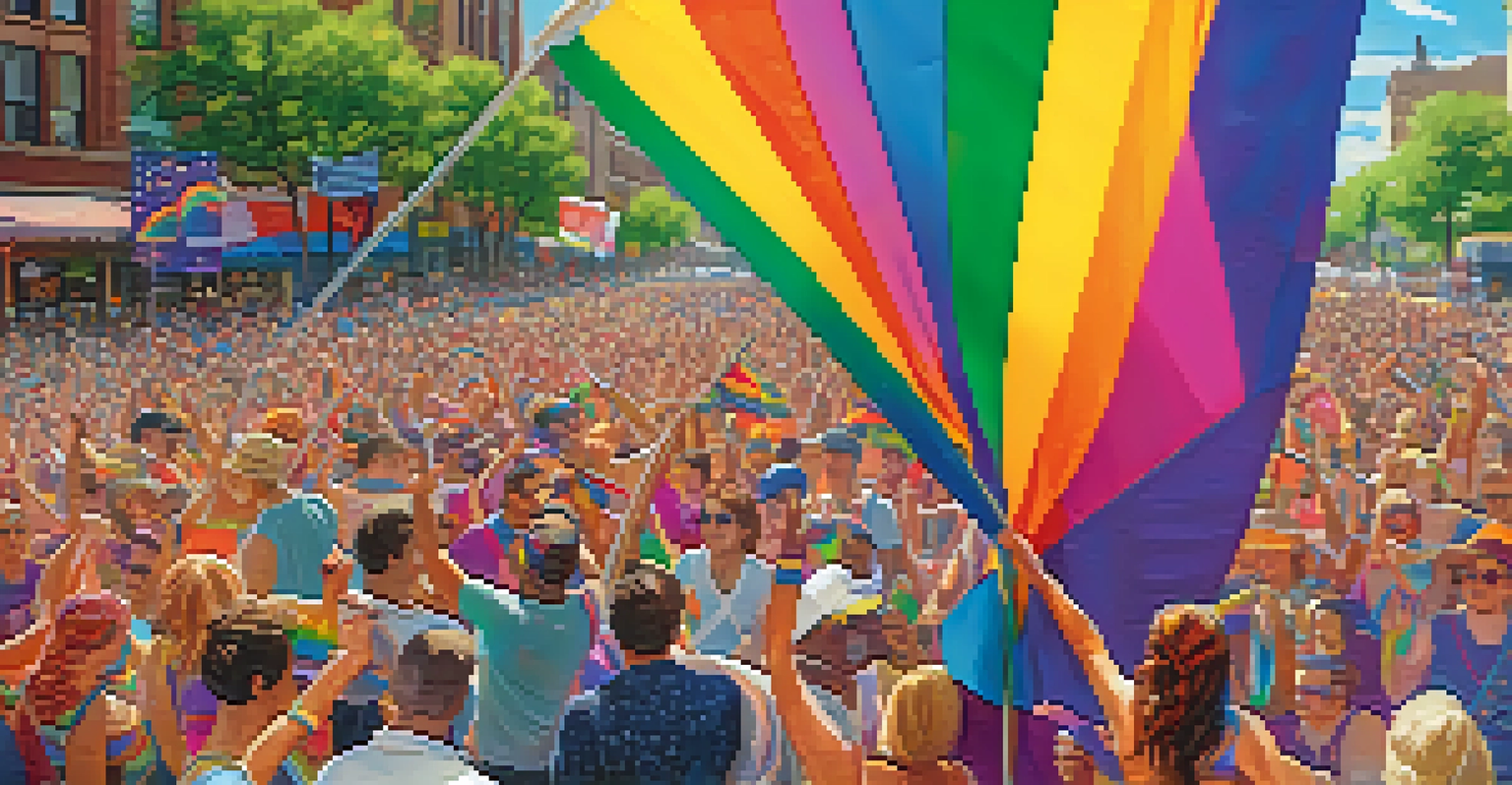 A vibrant parade scene from the Twin Cities Pride Festival, showcasing diverse participants celebrating love and acceptance with rainbow flags.