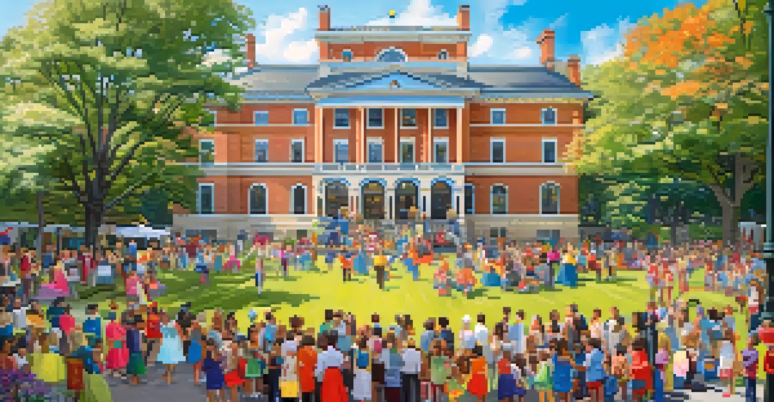 A community event at the American Swedish Institute with people engaging in cultural activities and a historic building in the background.