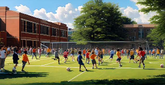 A colorful depiction of students practicing soccer and rehearsing for a theater performance, showcasing the vibrancy of extracurricular activities.