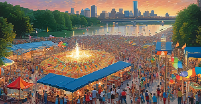 A colorful summer festival scene at the Aquatennial in Minneapolis, featuring floats, excited crowds, and scenic lakes.