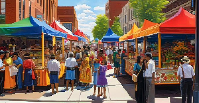 A lively street scene at the Festival of Nations in Minneapolis with colorful booths and visitors enjoying various cultural experiences.