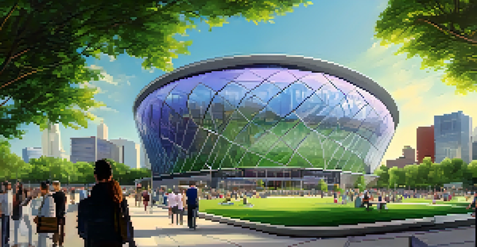 A wide view of U.S. Bank Stadium with its glass structure and the Minneapolis skyline in the background, filled with greenery and people.