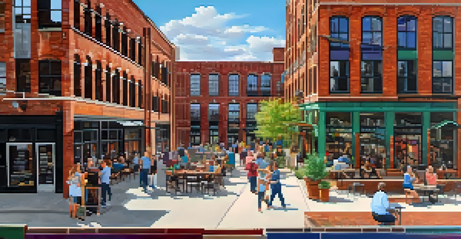 Converted warehouses in the North Loop neighborhood showcasing a blend of historic and modern architecture with people in a lively street.