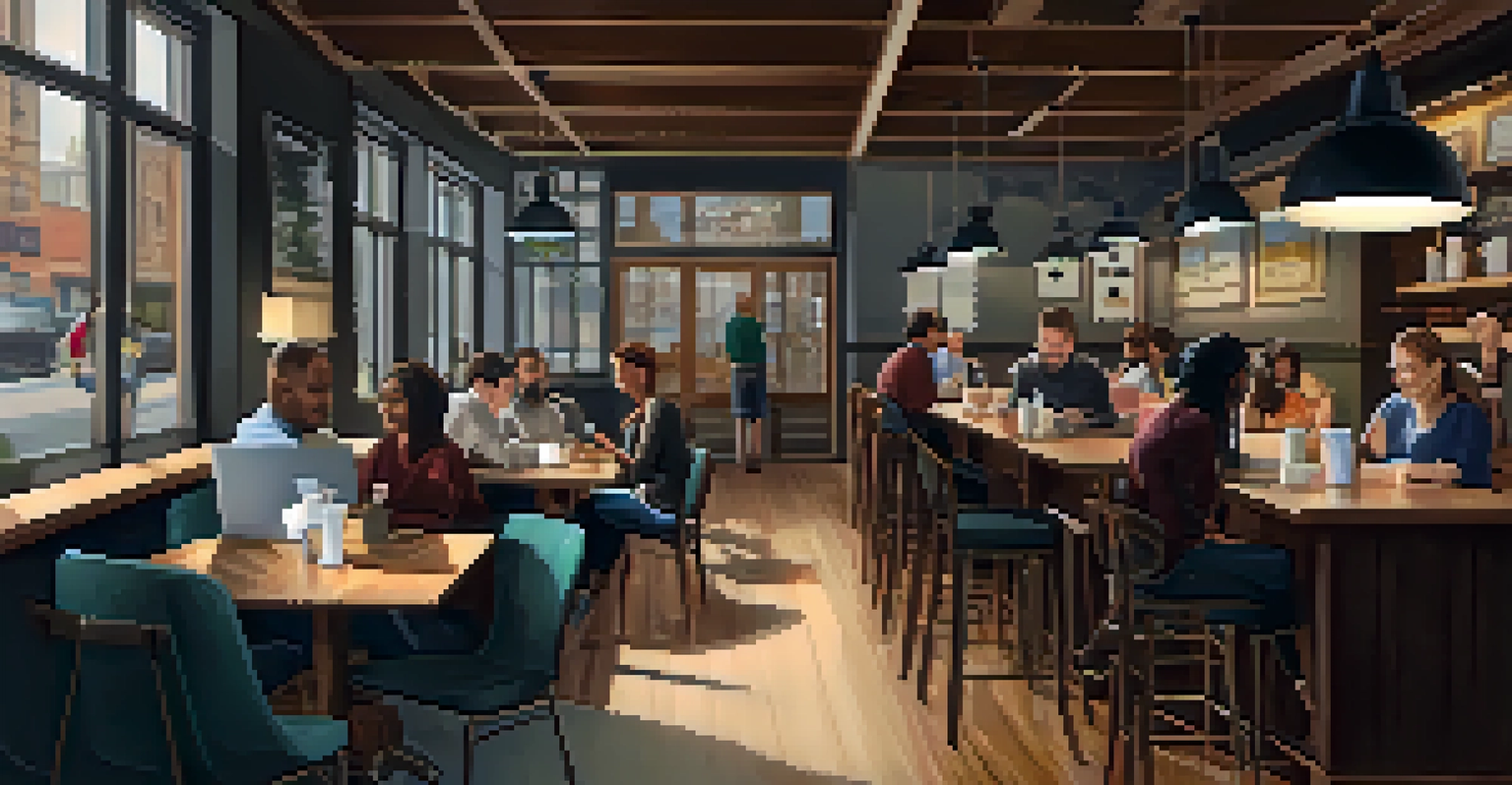 A collaborative meeting in a cozy Minneapolis coffee shop with professionals working on laptops.