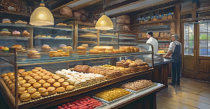 A warm and inviting bakery interior with a variety of pastries and a baker behind the counter.
