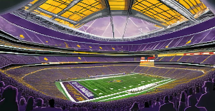 A lively scene of fans at U.S. Bank Stadium during a Minnesota Vikings game, with bright lights and a packed stadium.