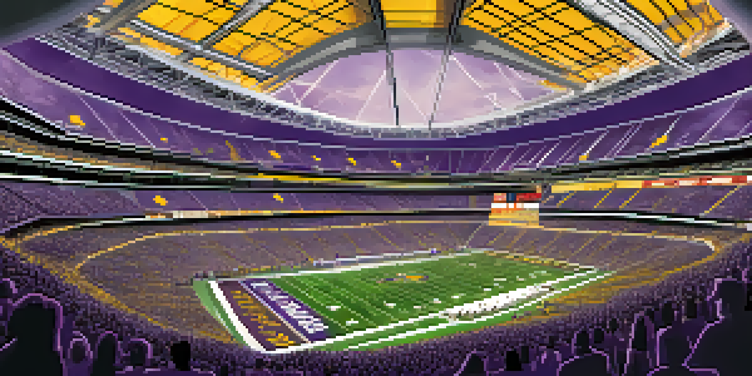 A lively scene of fans at U.S. Bank Stadium during a Minnesota Vikings game, with bright lights and a packed stadium.