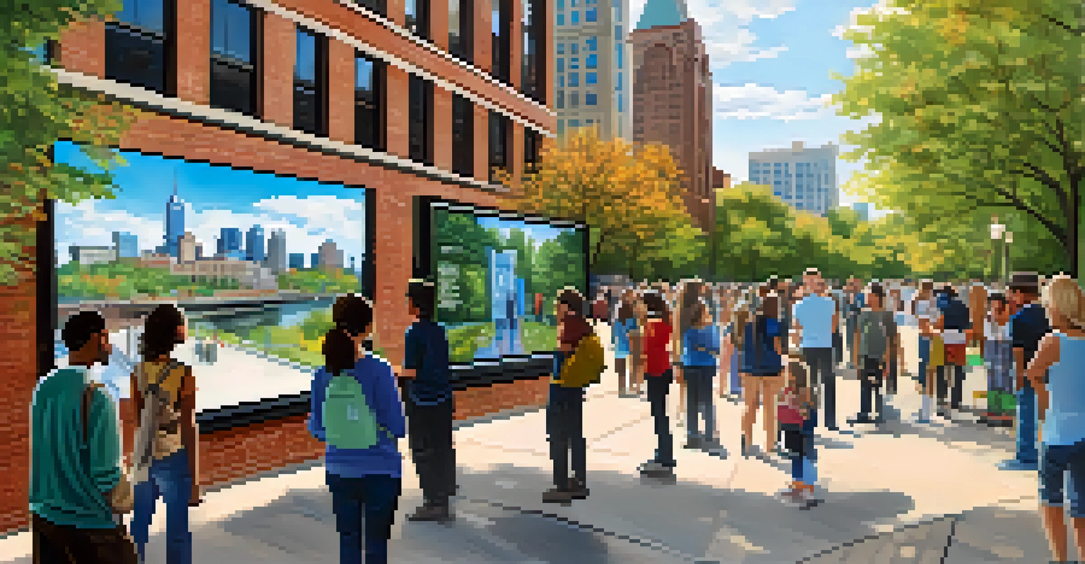 A diverse group of people, including students and families, engaging with an interactive art installation during a public art walking tour in an urban setting.
