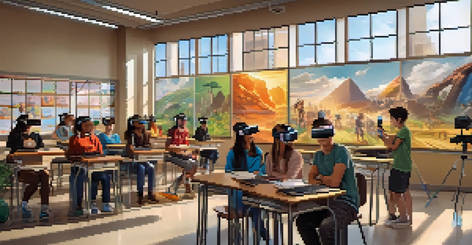 Students in a classroom wearing virtual reality headsets, exploring ancient civilizations with 3D holograms.