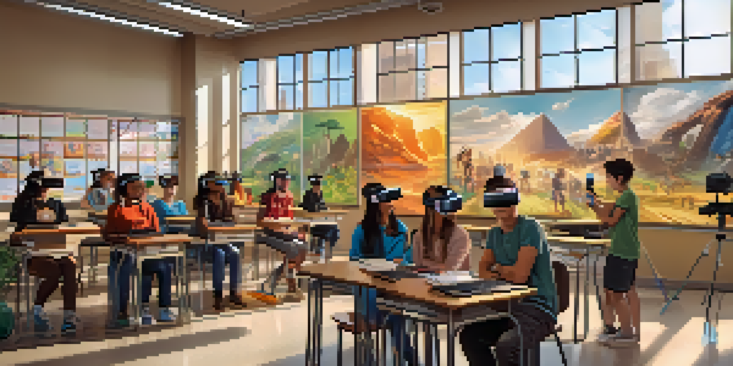 Students in a classroom wearing virtual reality headsets, exploring ancient civilizations with 3D holograms.