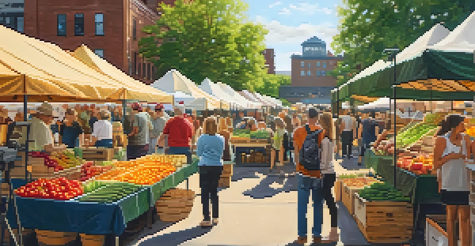 A bustling farmers market in Minneapolis with colorful stalls of fresh produce and people interacting with vendors under a warm sunset.