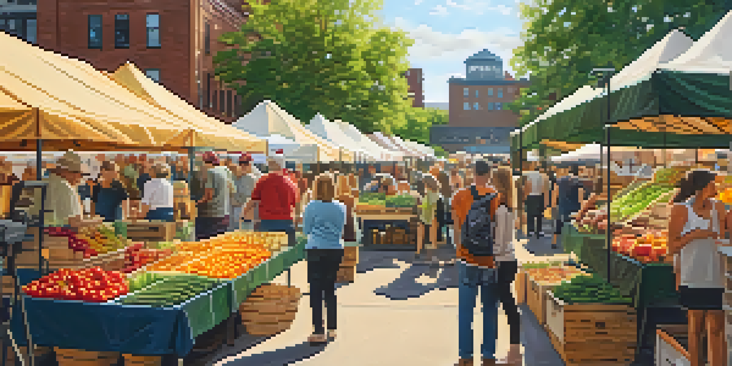 A bustling farmers market in Minneapolis with colorful stalls of fresh produce and people interacting with vendors under a warm sunset.