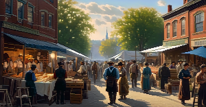 A busy street scene in late 19th century Minneapolis with immigrants and local artists, wooden buildings, market stalls, and warm sunlight.