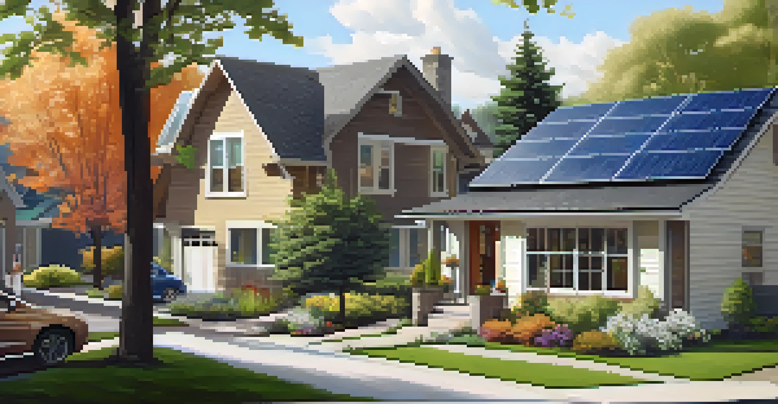 An eco-friendly home in a suburban Minneapolis neighborhood, showcasing solar panels and a garden with people enjoying the community atmosphere.