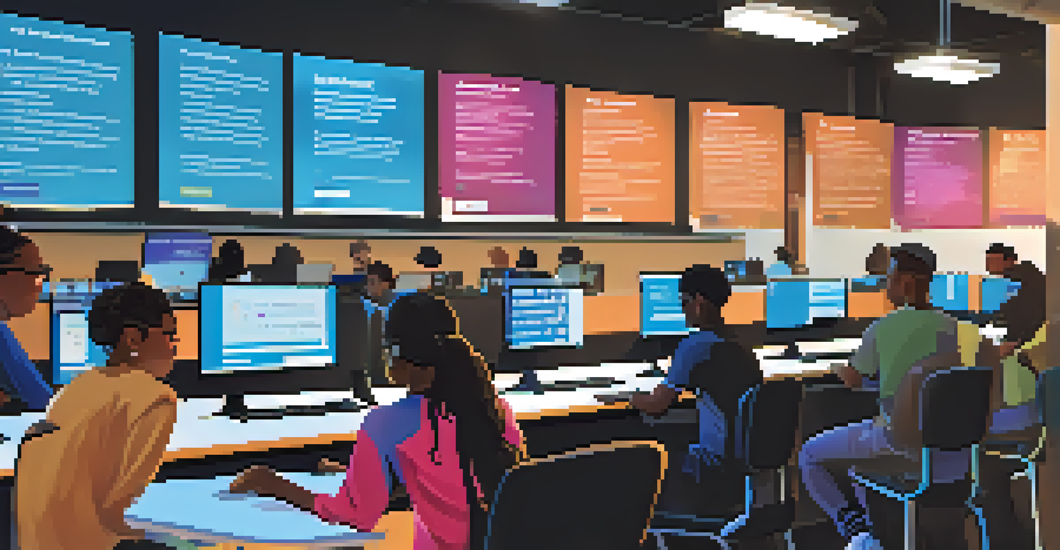 A close-up of diverse students in a coding boot camp, focused on their laptops with code on the screens in a bright, modern setting.