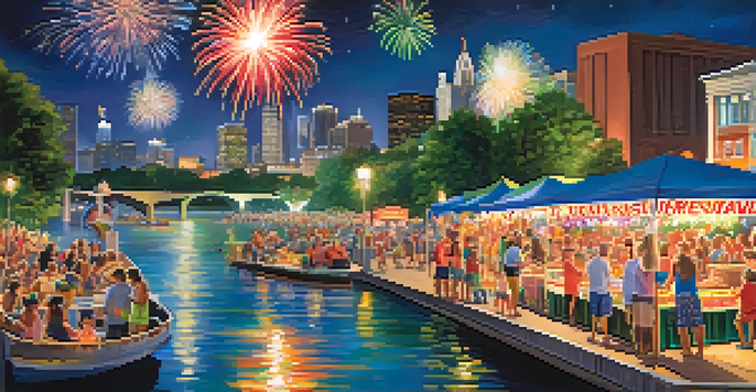 Families enjoying the Aquatennial festival with fireworks over the Mississippi River, children playing games, and food vendors.