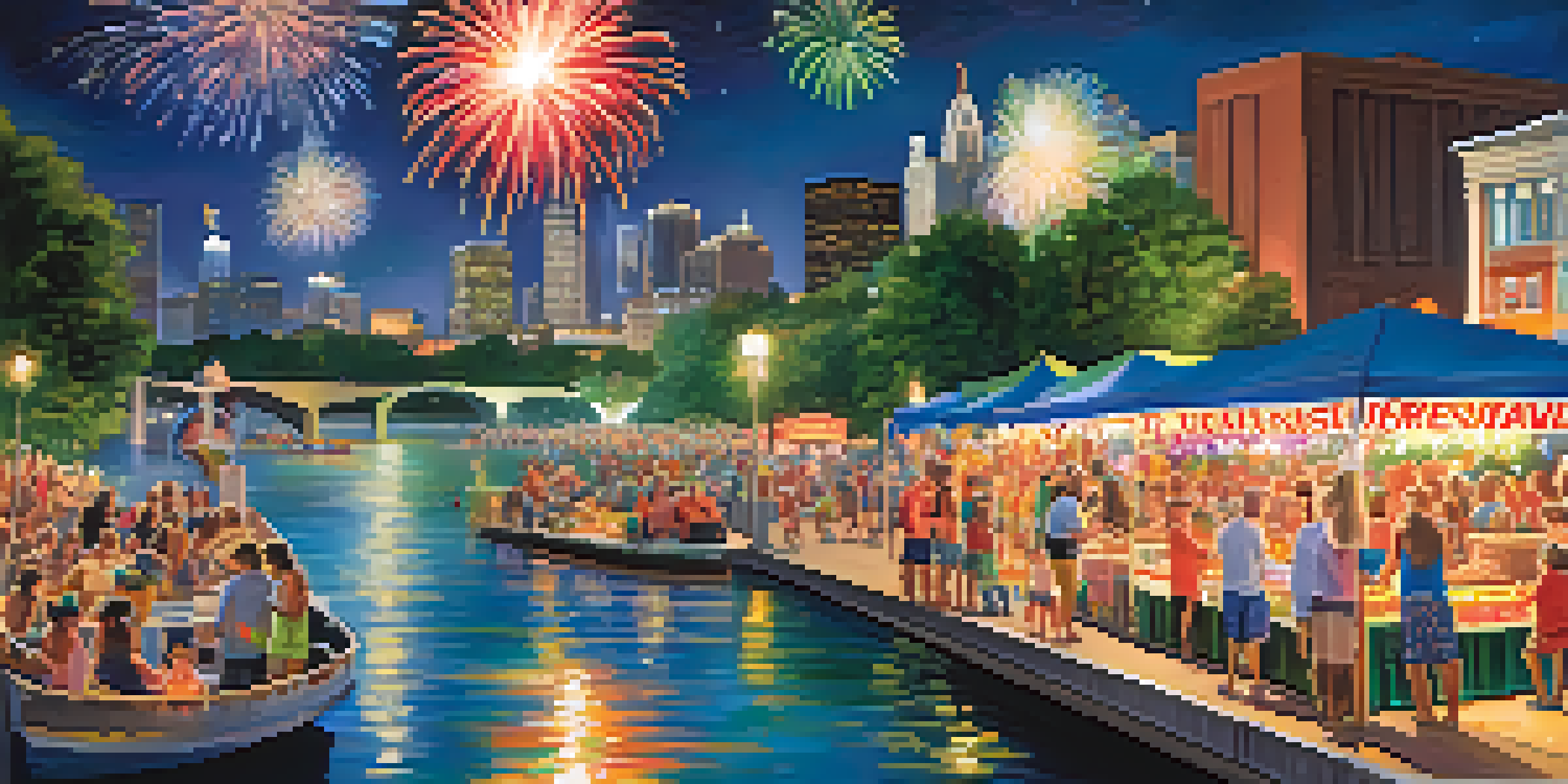 Families enjoying the Aquatennial festival with fireworks over the Mississippi River, children playing games, and food vendors.