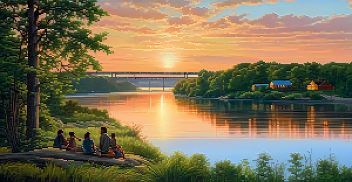 A serene view of the Mississippi River in Minneapolis, showcasing traditional indigenous structures and a colorful sunset.