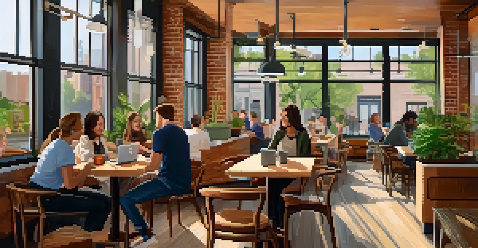 A warm and inviting coffee shop interior in Minneapolis with patrons working and chatting, surrounded by wooden furniture and natural light.