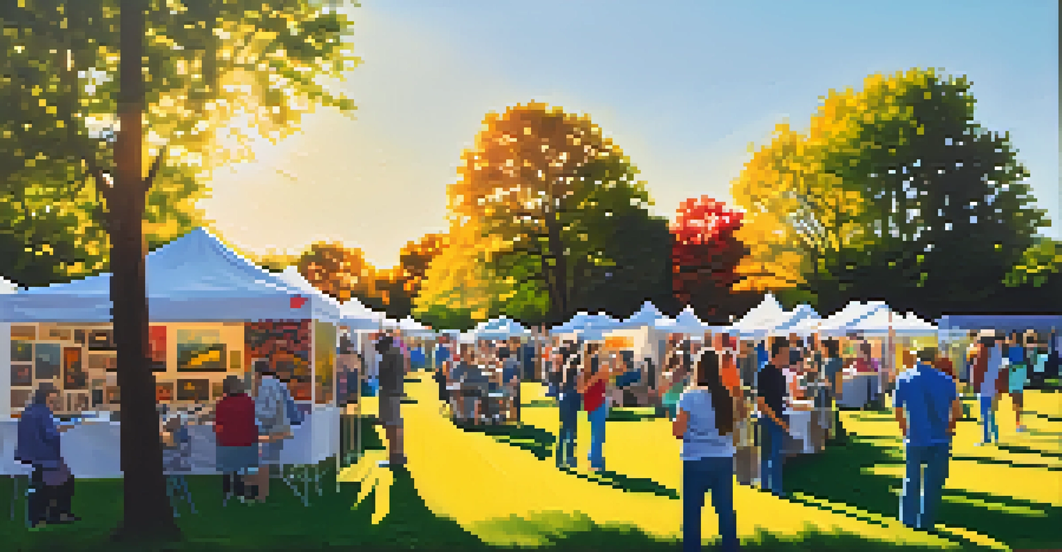 An art fair in a park with artists displaying their work, families participating in art activities, and a sunny atmosphere.
