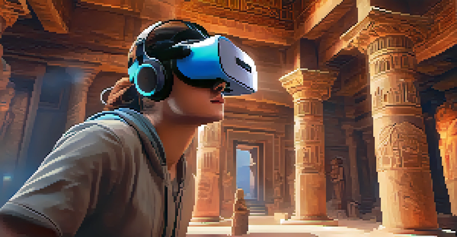 A student using a VR headset to explore an ancient civilization, surrounded by vibrant holographic images of historical sites.