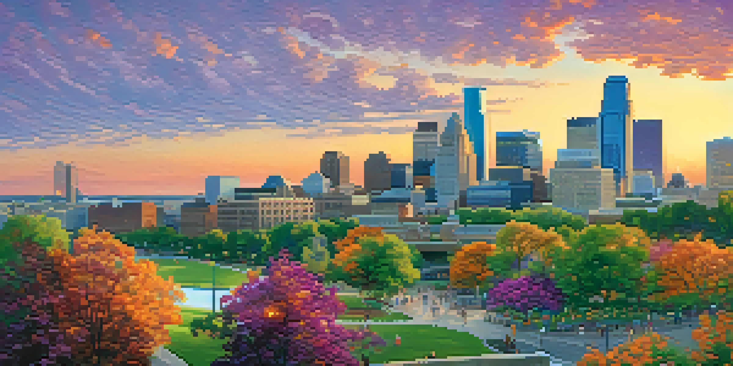 A scenic view of downtown Minneapolis during sunset, highlighting the skyline and a park filled with people and greenery.