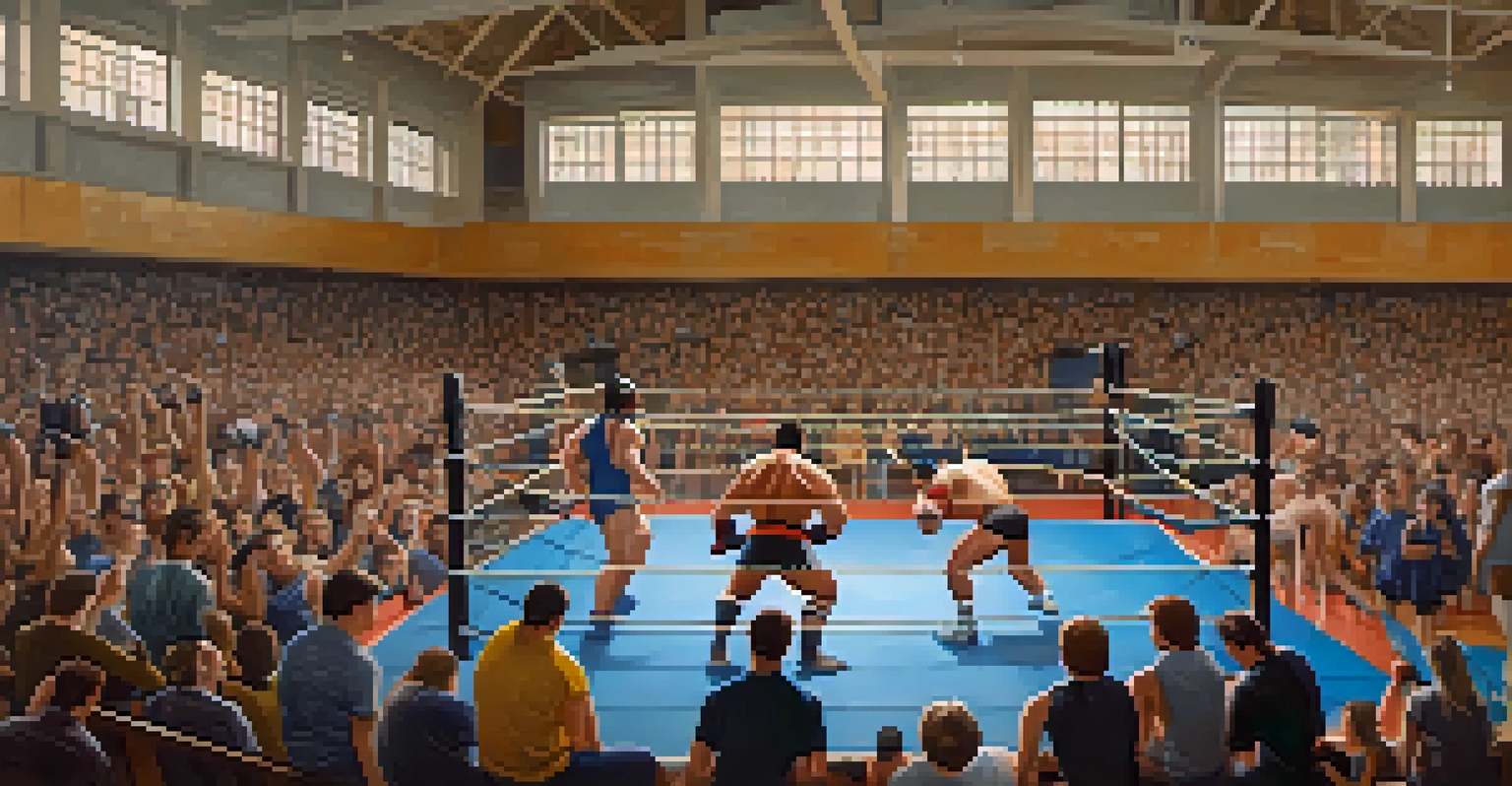 Students engaged in a wrestling match in a small college gym, surrounded by supportive fans and warm lighting.