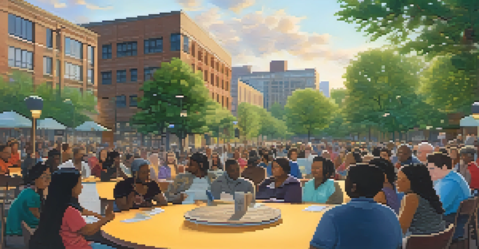 A diverse group of individuals gathered in a community forum, discussing racial equity, with banners and trees around them.