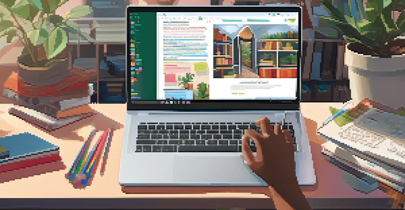 A student's hands using a laptop in a cozy study space, surrounded by books and educational materials, highlighting the importance of technology in learning.