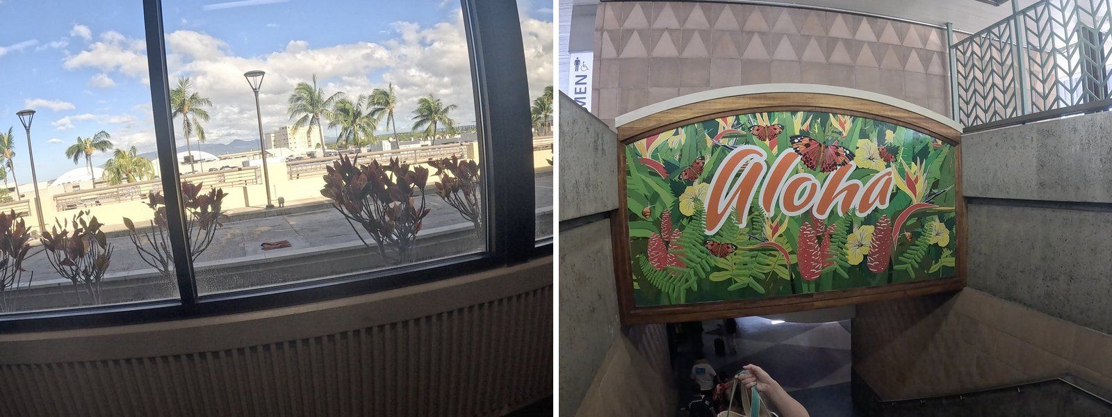 ホノルル空港の長い廊下とAlohaの看板
