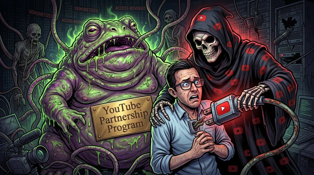 A man being unplugged by a Youtube Grim Reaper from a toxic animal labeled 