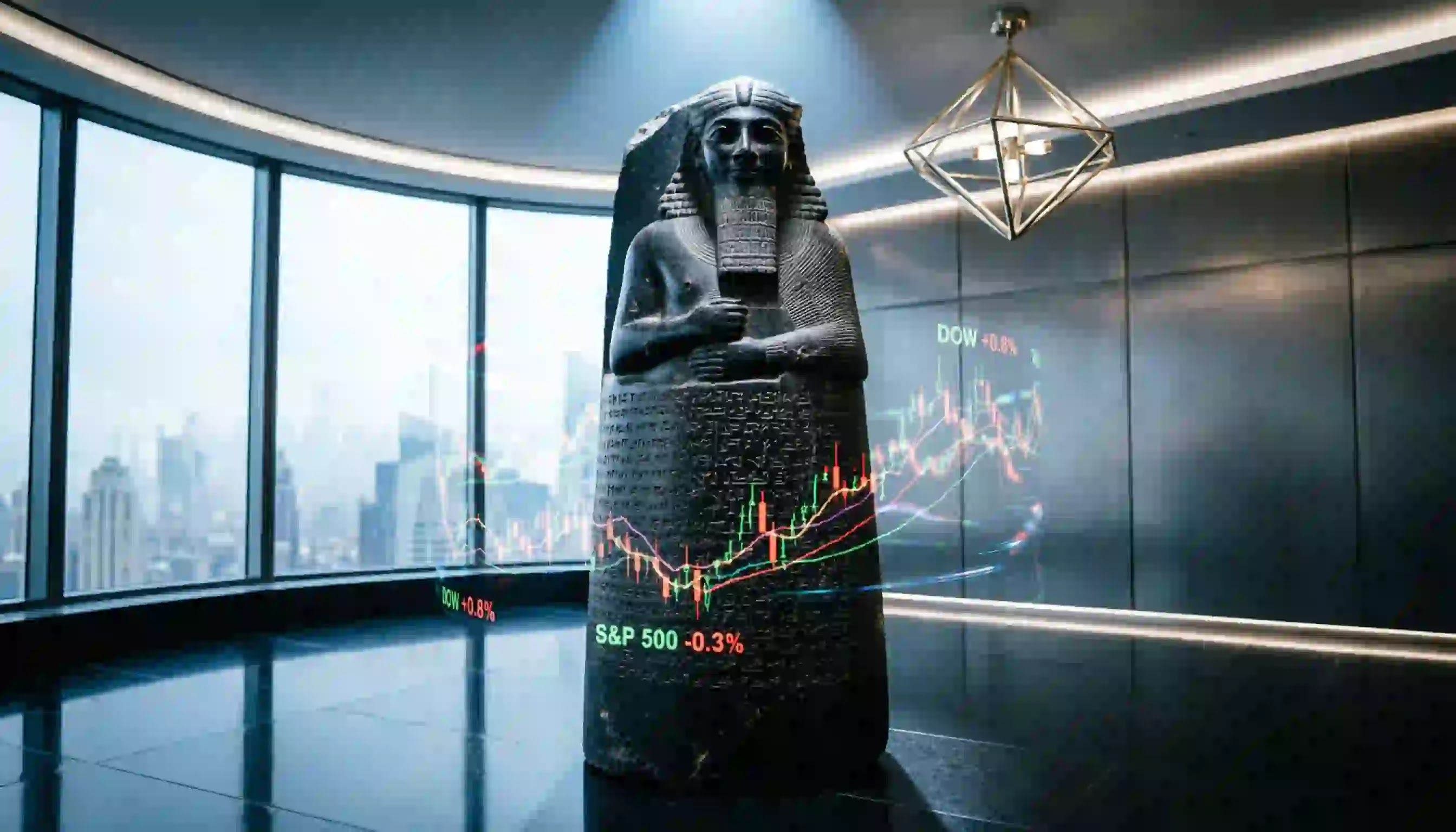 The ancient Stele of Hammurabi displayed alongside modern financial stock tickers, representing the world's first financial regulation and debt management.