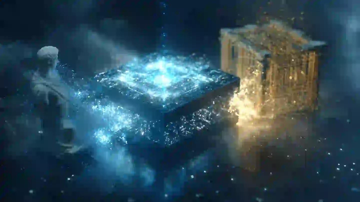 Cryptographic Secession A glowing quantum cryptographic node shattering a decaying Roman marble statue and a golden banking cage.