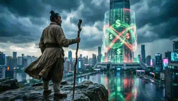 A lone 17th-century figure holding a staff overlooks a dystopian 2026 city centered around a massive glowing central bank panopticon.