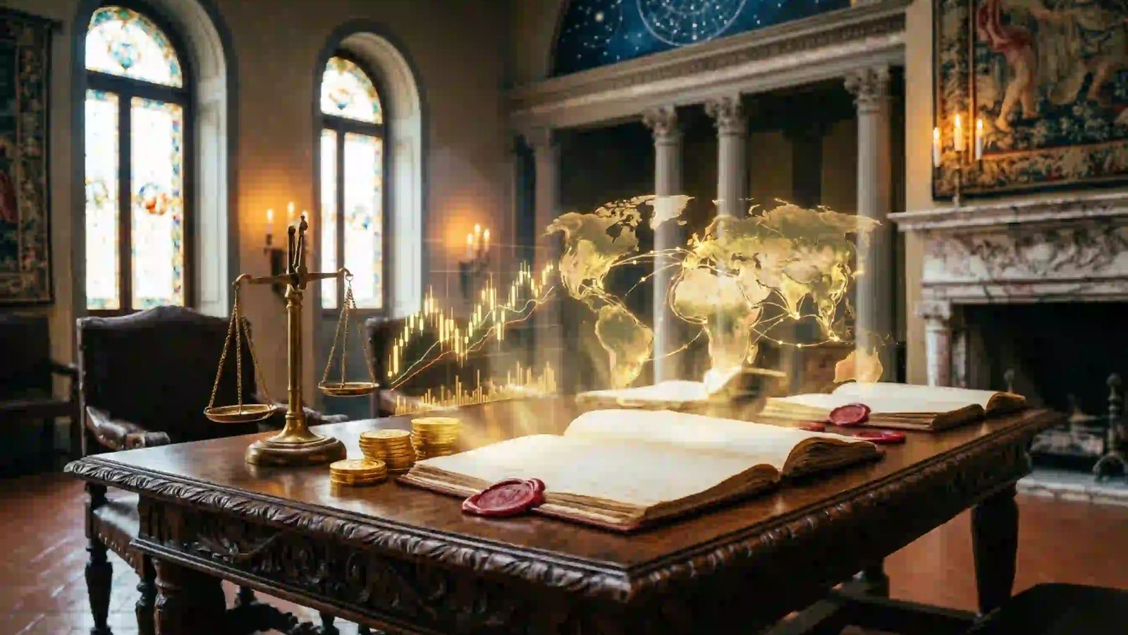 The Medici Code: 15th-Century Hedge Fund A dramatic cinematic depiction of a 15th-century Renaissance banking counting house in Florence, blending historical ledgers with glowing golden financial charts and network lines.