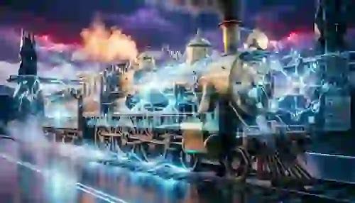 A hyper-advanced AI core overseeing a glowing, decentralized global economy, devoid of human workers but bursting with digital wealth streams.